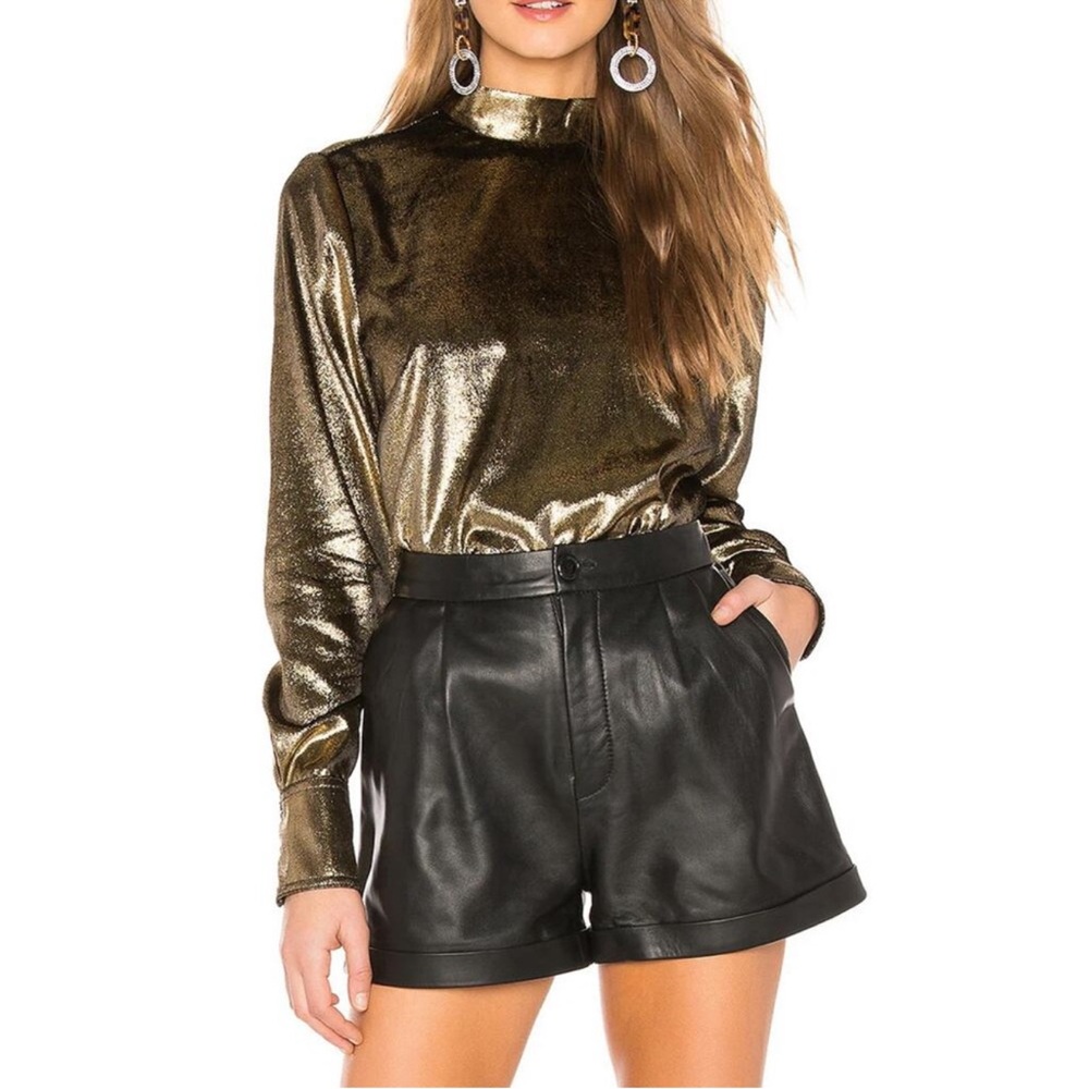 Frame Metallic Gold Velvet Mock Neck, Back Tie Blouse